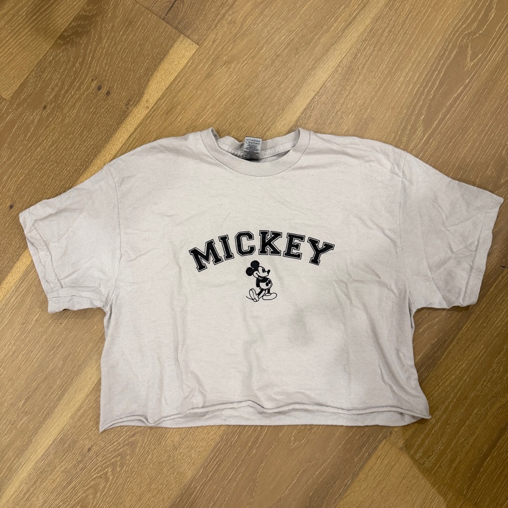 Gildan Tan Crop Tee with Black Mickey Graphic